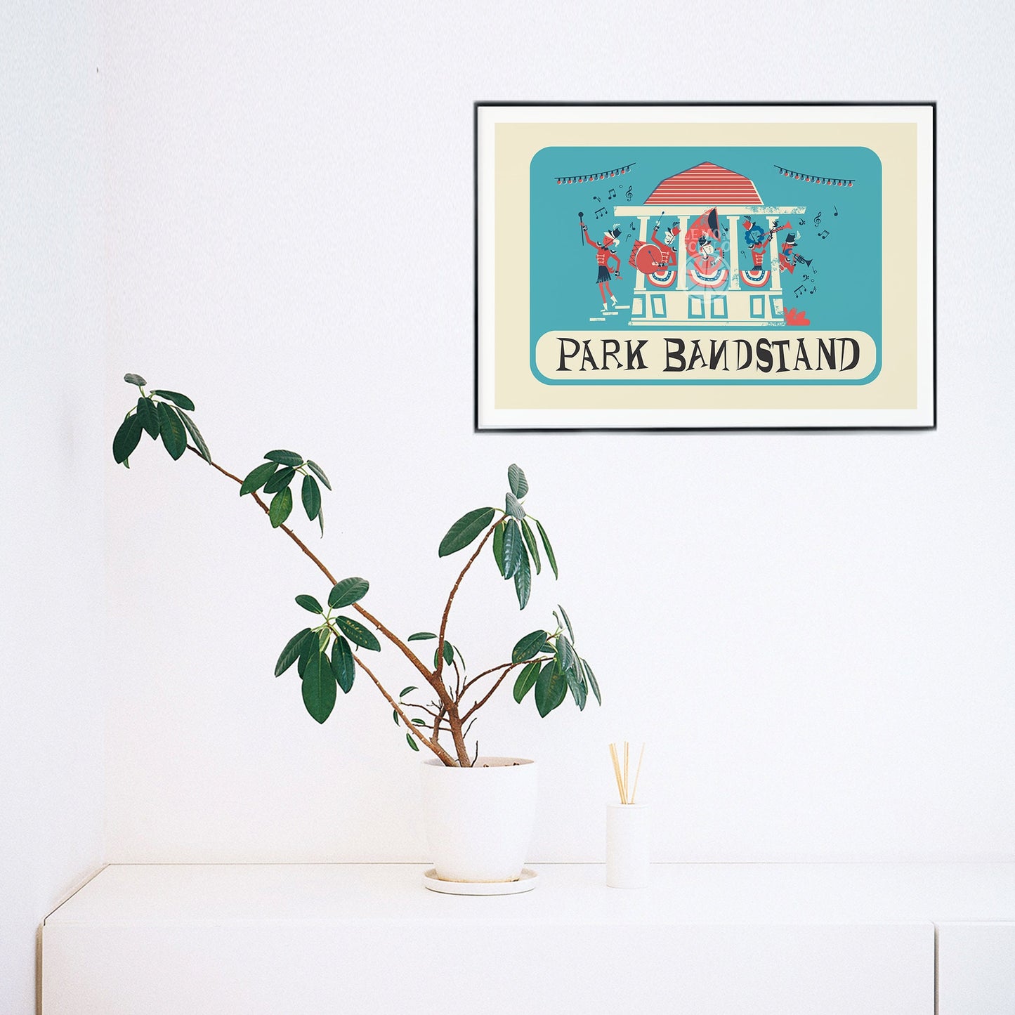 Park Bandstand Vintage Illustration, Gallery Wall Blue Red, School Band