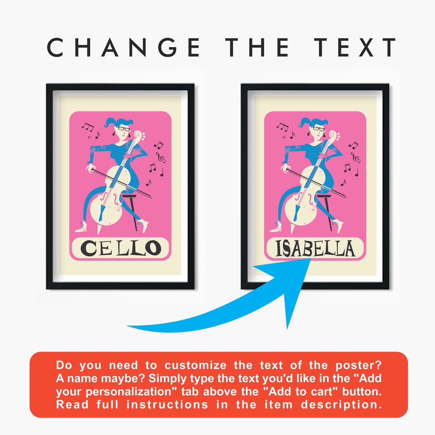 Cello Print, Personalized Home Office Decor, Gift for Cellists, Mid Century Artwork
