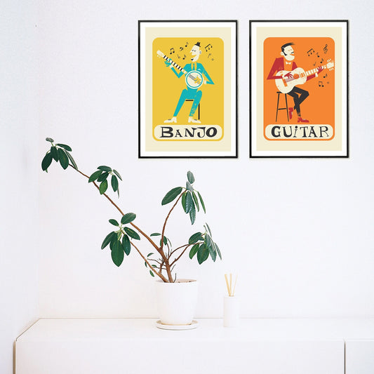 Set of Two Music Posters, Guitar and Banjo Prints, Mid 50s Artwork, Gift for Brother Sister, Decor Pop Art