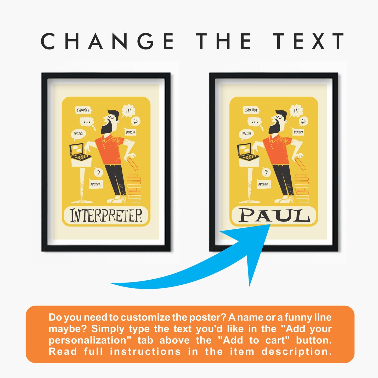 Funny Interpreter Print, Poster For Translator, Yellow Orange Unique Art Gift