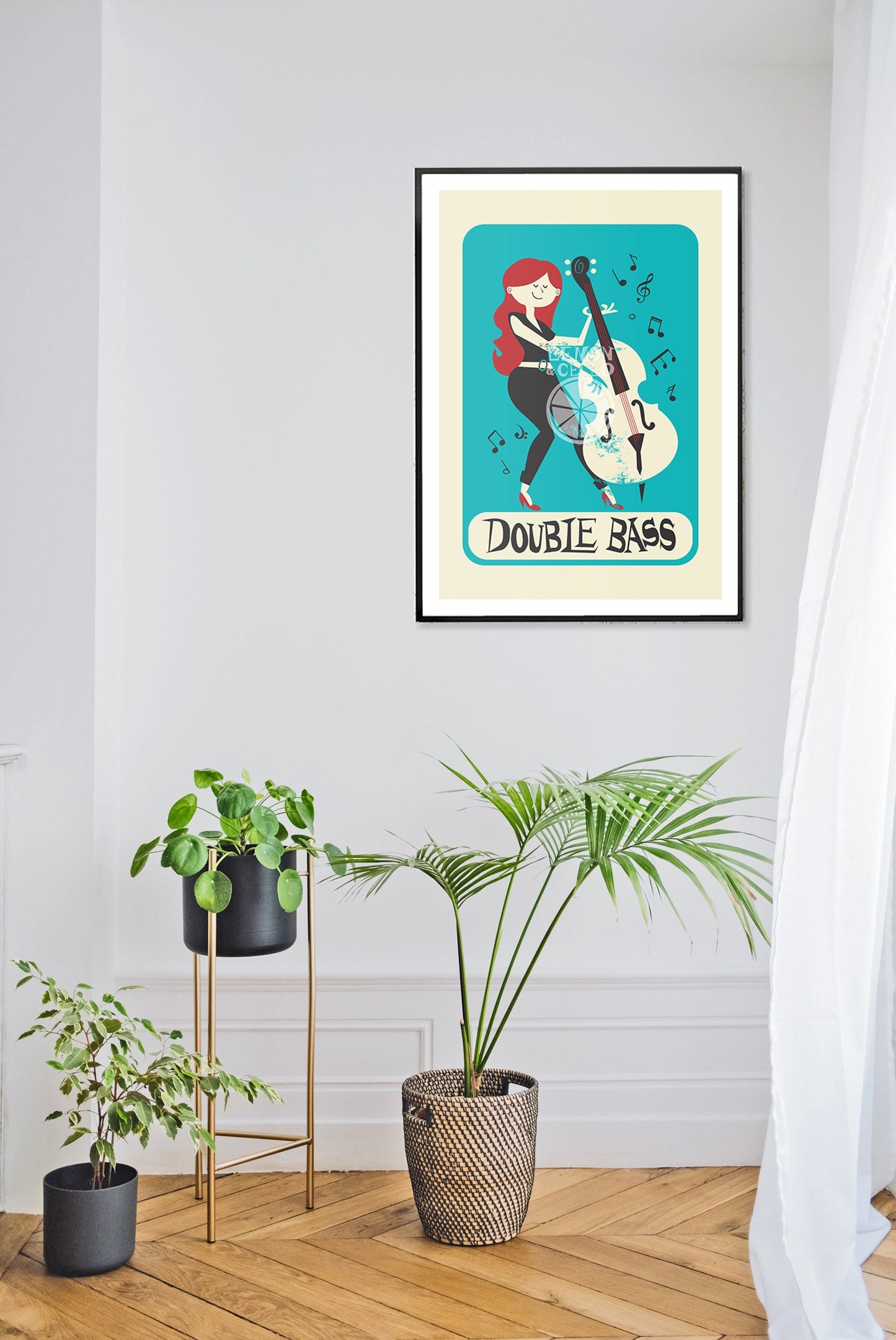 Double Bass Player Poster, Gift for Mama or Sister, Vintage Music Instrument Illustration