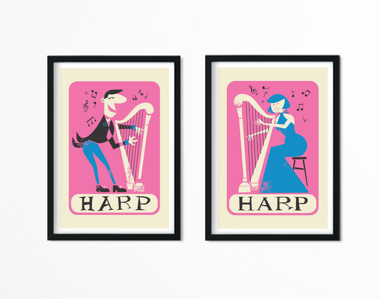Set of Two Harp Prints, Fun Colorful Kids Bedroom Decor, Add Your Favourite Names, Music Student Gift