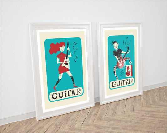 Set of Two Guitar Posters, Electric Guitar Indie Rock Players, Gift For Guitarists