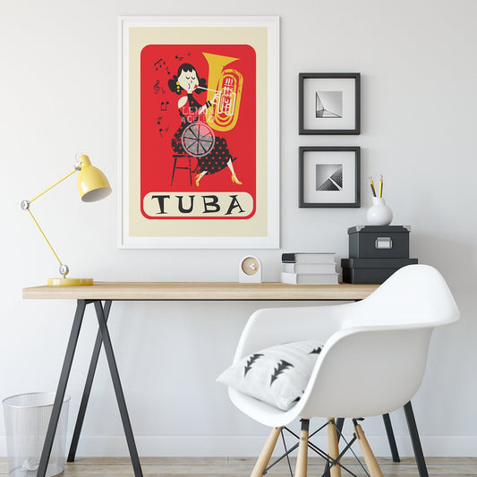 Illustrated Tuba Poster, Lady Playing The Tuba, Christmas Gift, Mid Century Modern Print