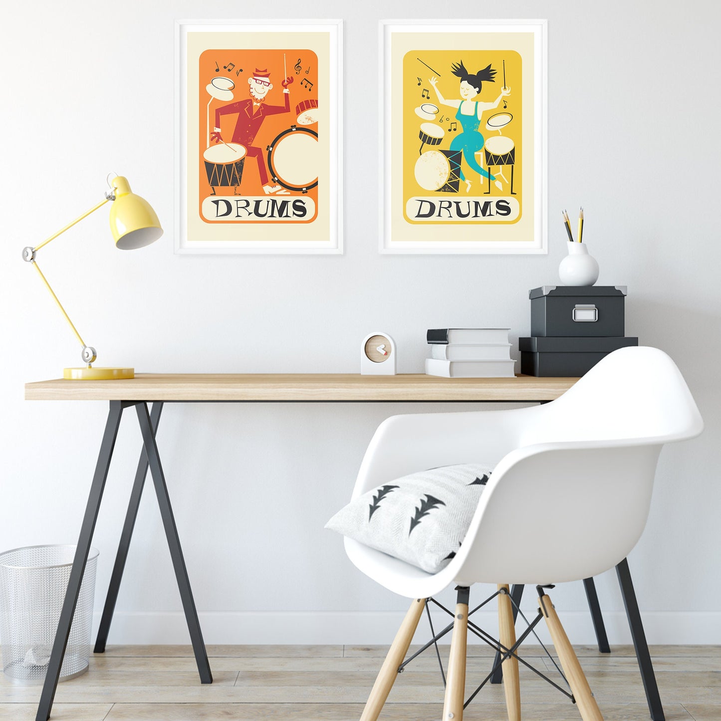 Set of Two Music Prints, Drummer Girl and Boy, Home Office Decor Artwork