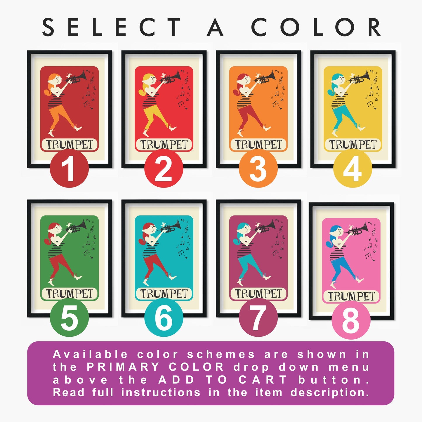 Music Gift Set of Two Prints, Trumpet Players Posters, Pick Your Color And Names