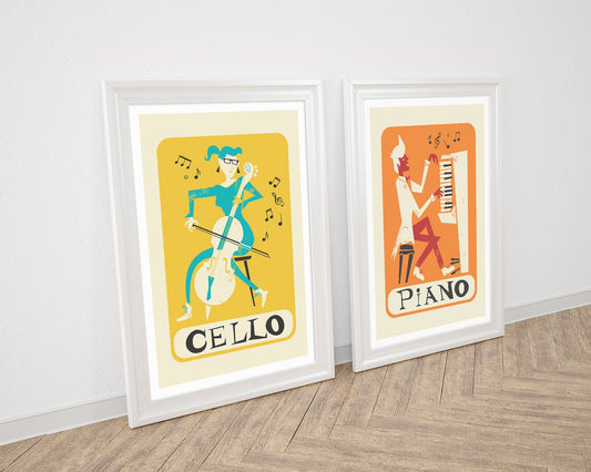 Music Gift Set of Two Posters, Cello and Piano Prints, Bedroom Wall Art Decor Orange Yellow