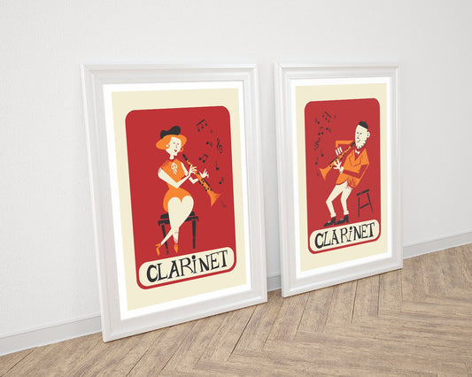 Clarinet Music Set of 2 Posters, Gift Music Teacher, Free Customization, Clarinetist Drawing