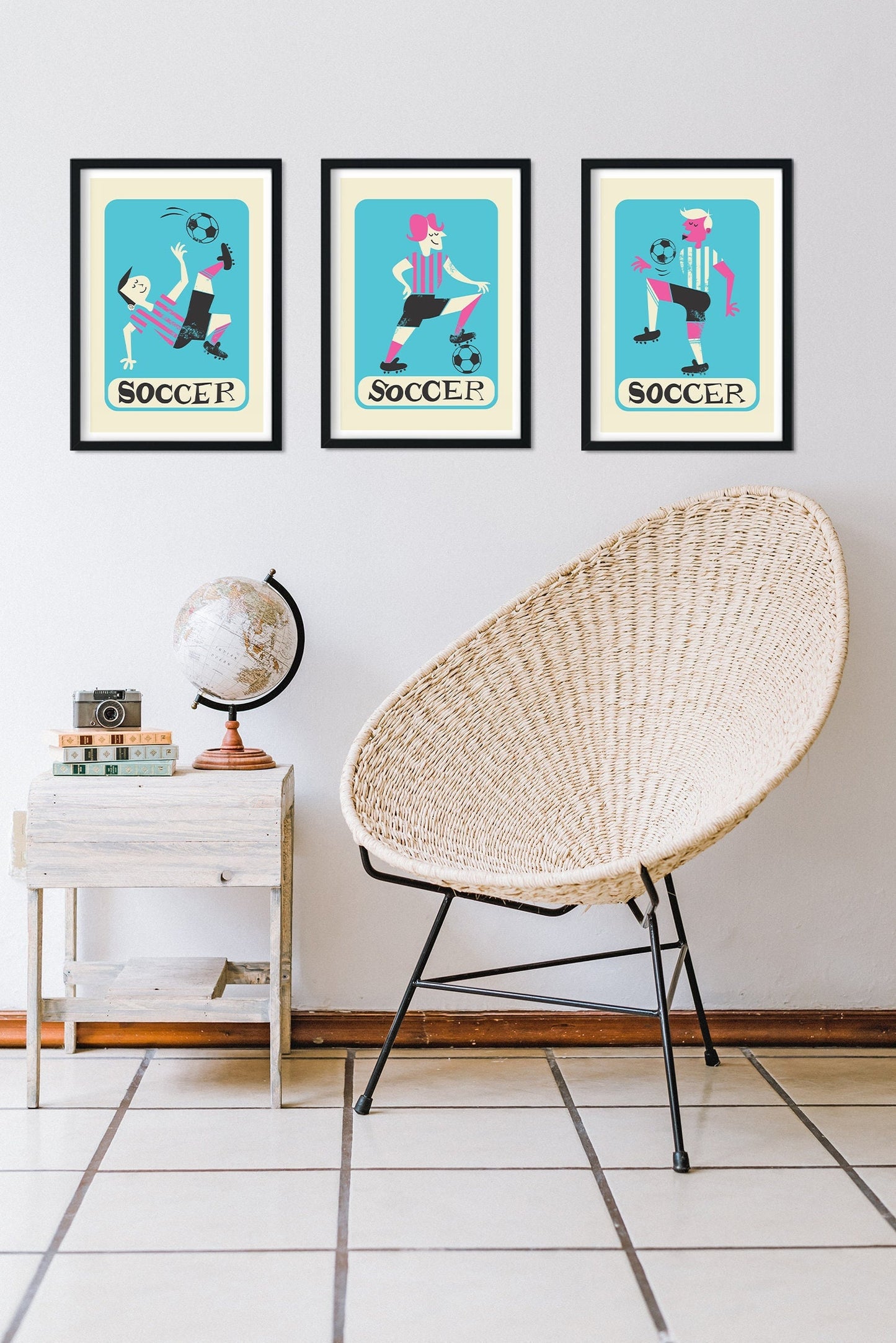 Men's Soccer Team Set Of Posters, Football Player Vintage Prints, Sport Lovers Teammate