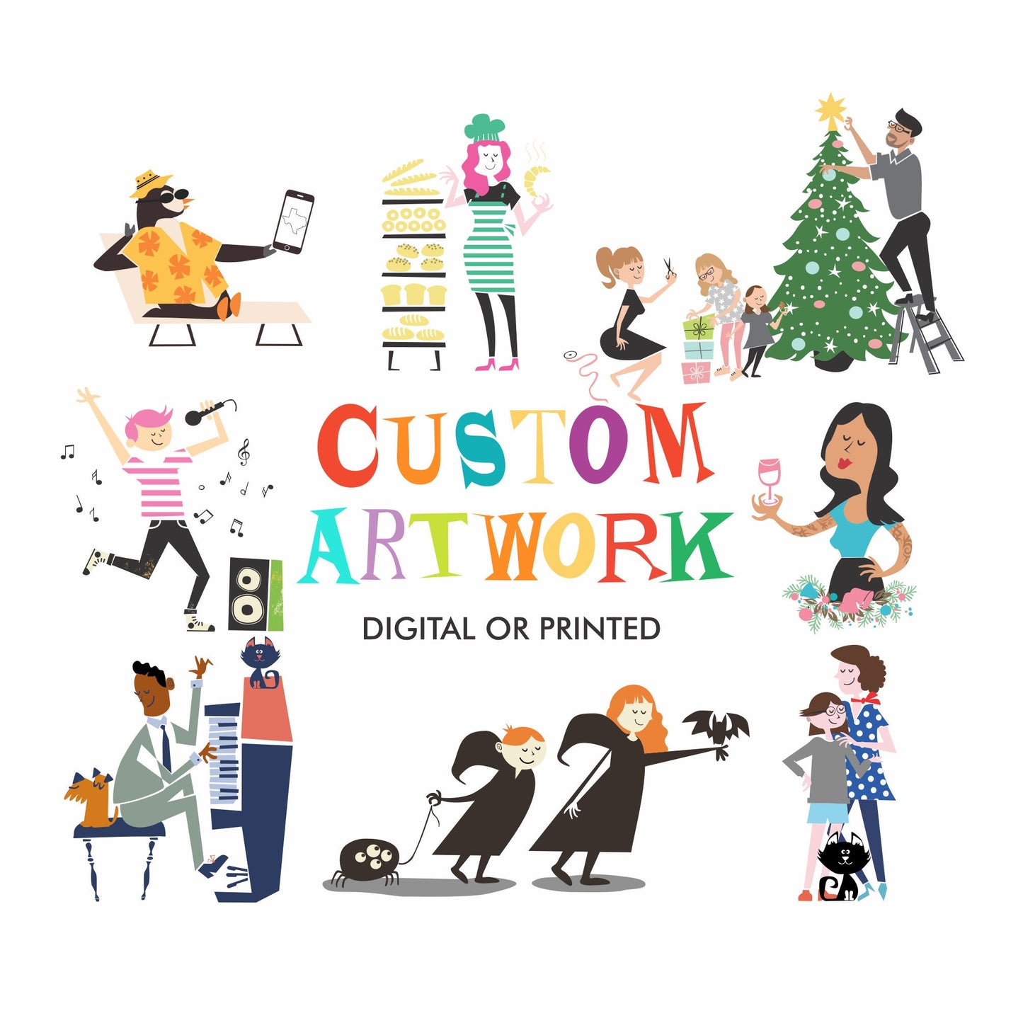 Custom Artwork, Commissioned Illustration, Digital or Printed, Christmas Card or Portrait