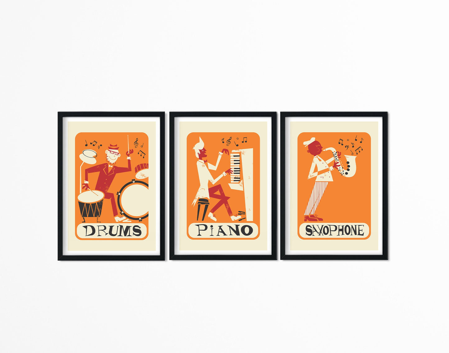 Set of 3 Music Posters, Retro Style Prints, Drums Piano Saxophone, Living Room Wall Decor