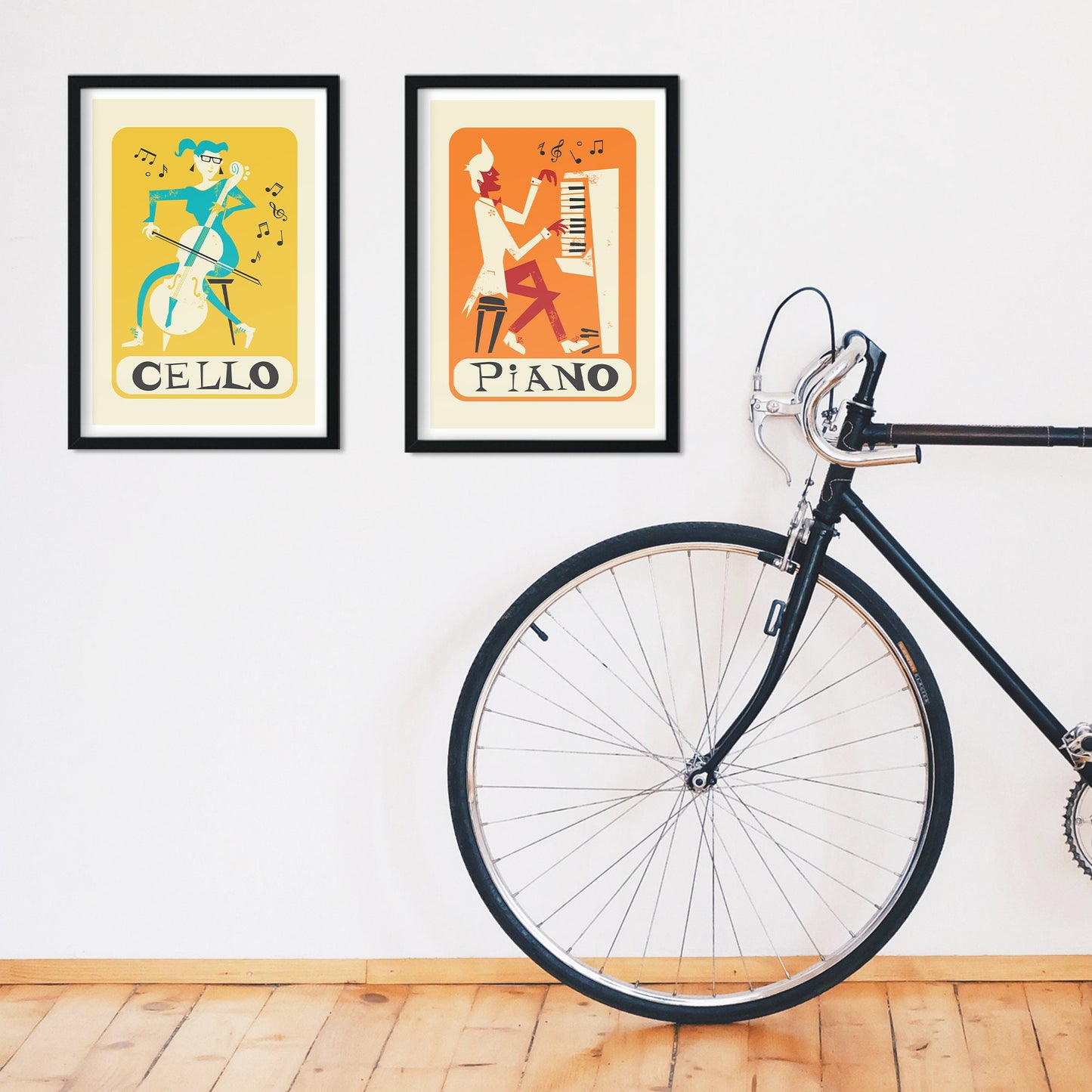Music Gift Set of Two Posters, Cello and Piano Prints, Bedroom Wall Art Decor Orange Yellow