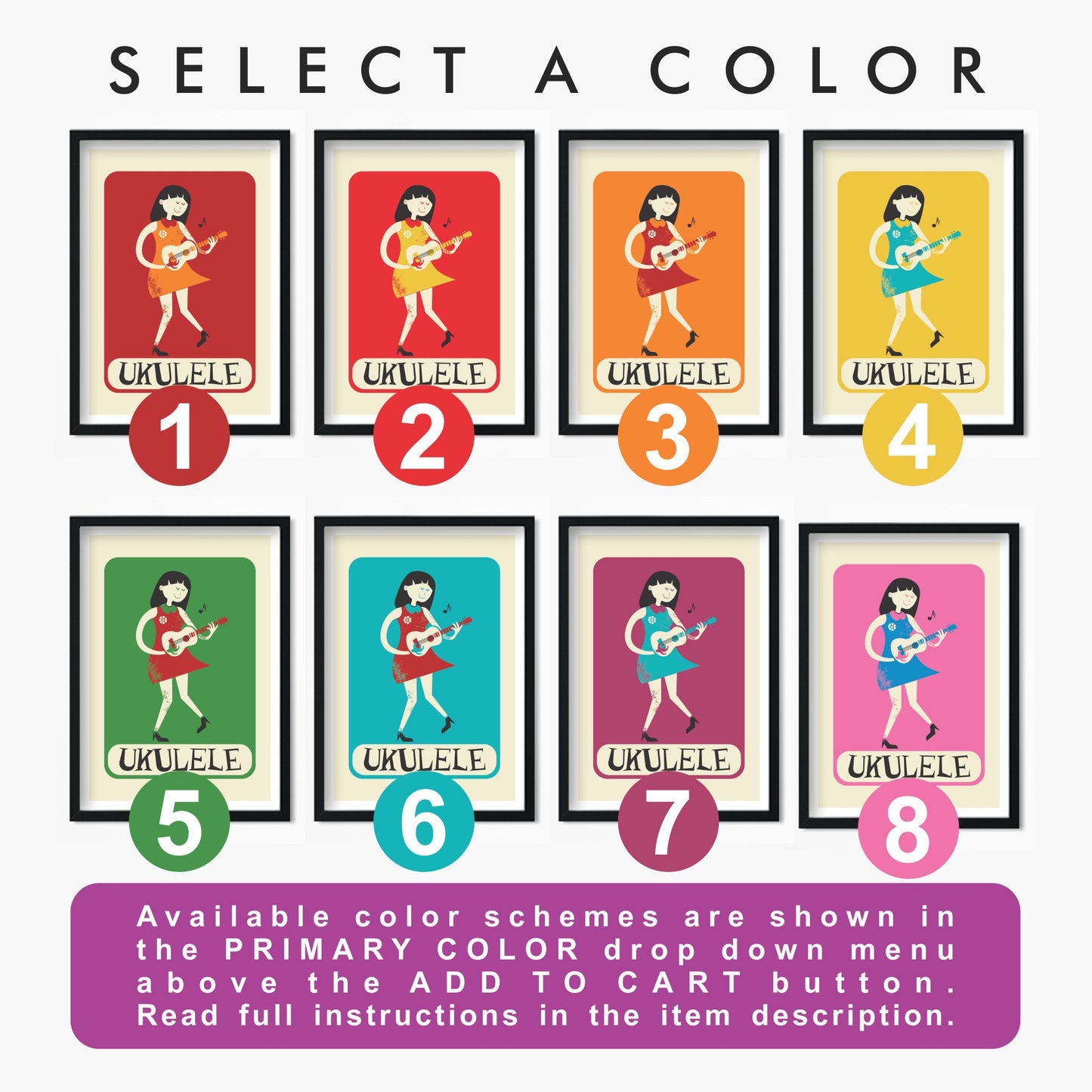Ukulele Vintage Poster Print, Pick Your Color, Student Poster Music Education
