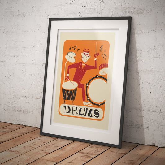 Drummer Player Vintage Retro Poster, Drums Music Room Print, Rock Gift