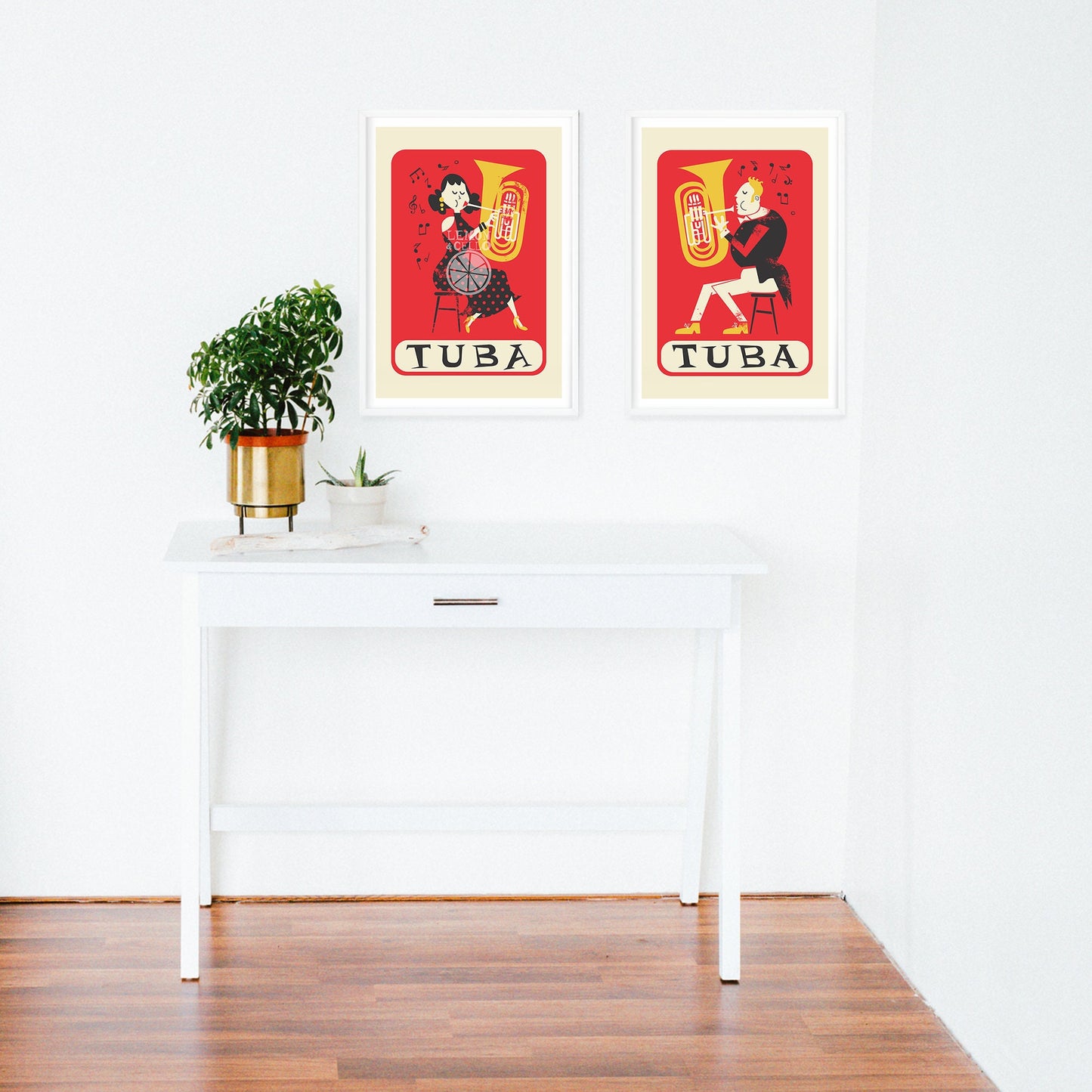 Set Of 2 Tuba Player Posters, Mid 50s Art Prints, Music Studio Wall Hangings, Orchestra Brass