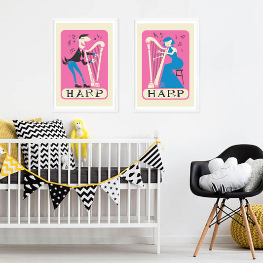 Set of Two Harp Prints, Fun Colorful Kids Bedroom Decor, Add Your Favourite Names, Music Student Gift