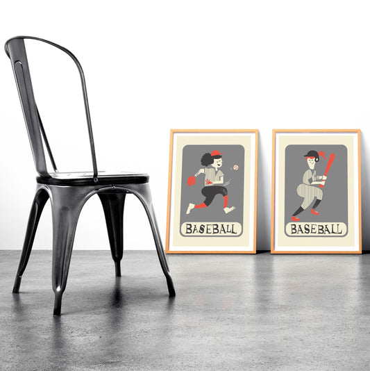 Set Of Two Baseball Players, Mid 50s Classic Posters, Pitcher Batter Girls, Christmas Gift Art