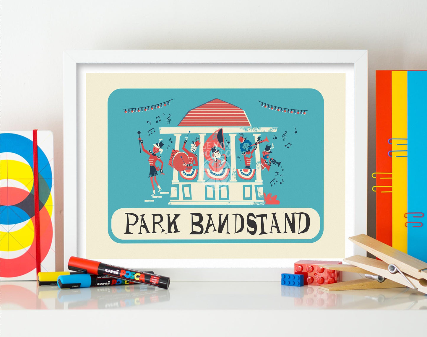 Park Bandstand Vintage Illustration, Gallery Wall Blue Red, School Band