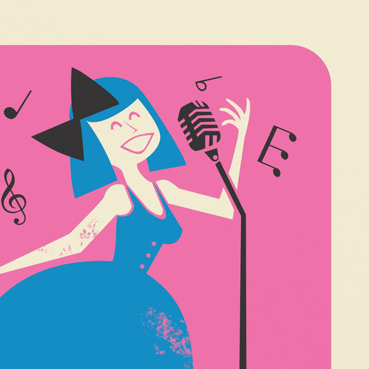 Girl Singing Poster, Mid Century Modern, Personalized Gift for Musician, Retro Microphone