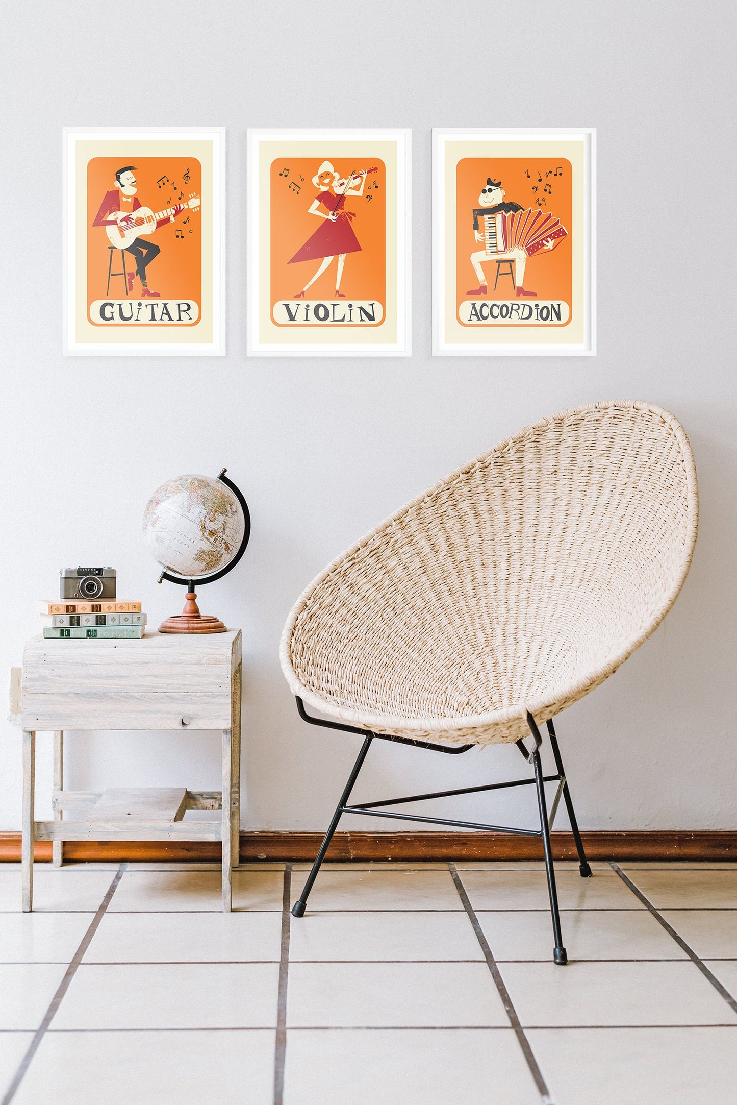 Set of 3 Posters, Violin Accordion Guitar Retro Prints, Gift for Grandfather, Tango Band