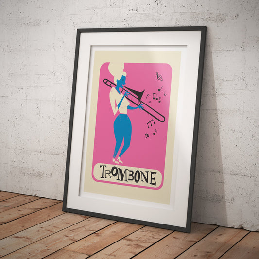 Trombone Poster, Mid Century Modern, Brass Instrument, Hot Pink Room Decor