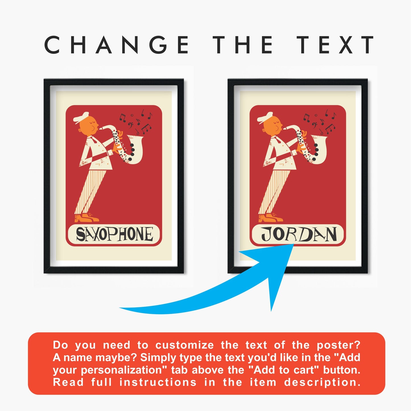 Jazz Instruments Poster, Saxophone Piano Drummer, Pick Your Color, Housewarming Gift