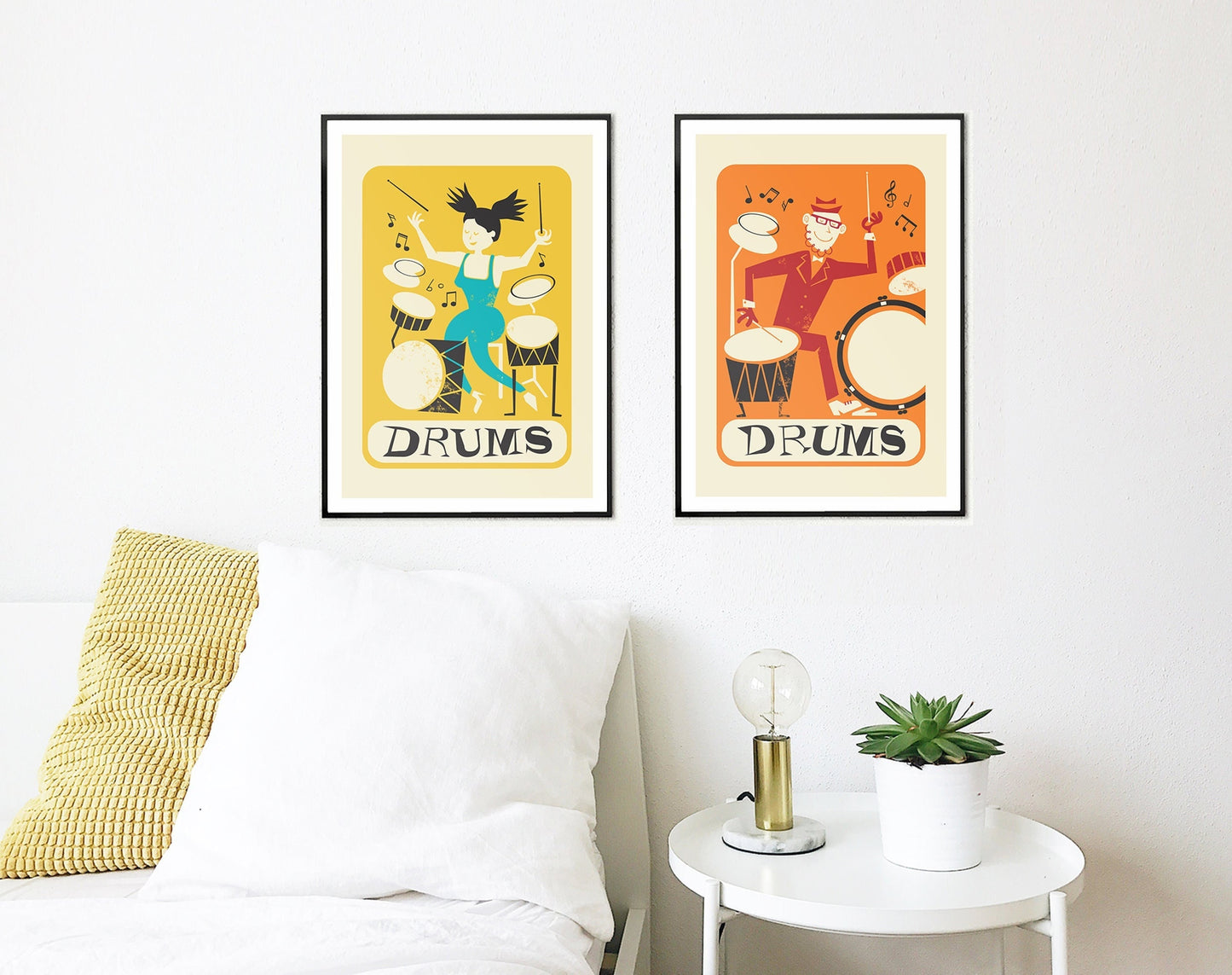 Set of Two Music Prints, Drummer Girl and Boy, Home Office Decor Artwork