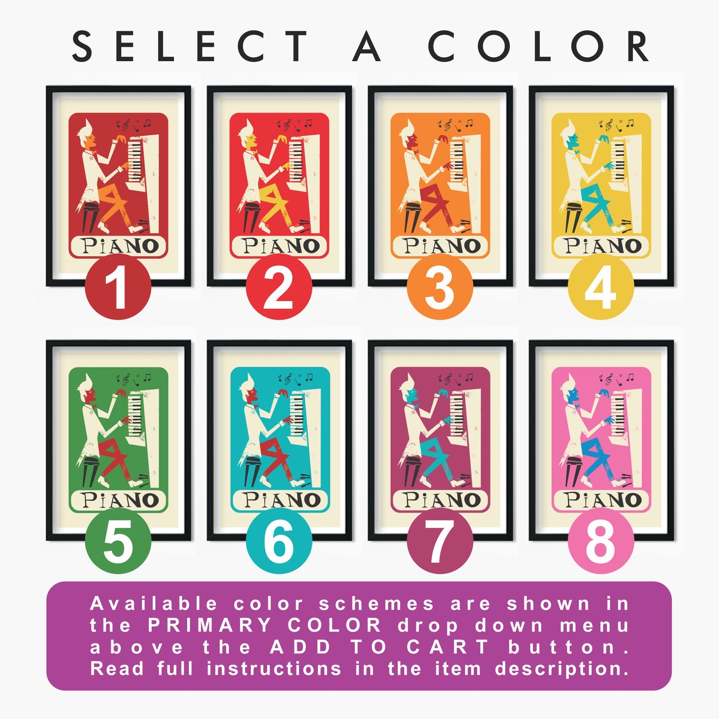 Set of 2 Piano Players, Custom Children's Bedroom Posters, Pick Your Own Colors