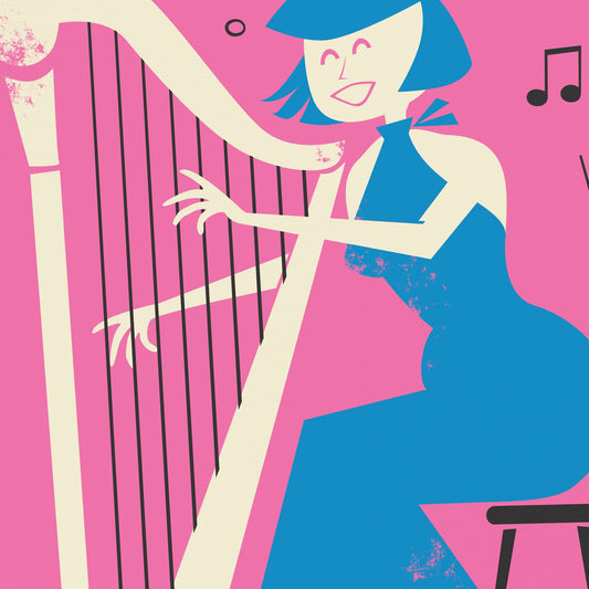 Harp Player Vintage Poster Print, Pink & Blue, Woman Gown
