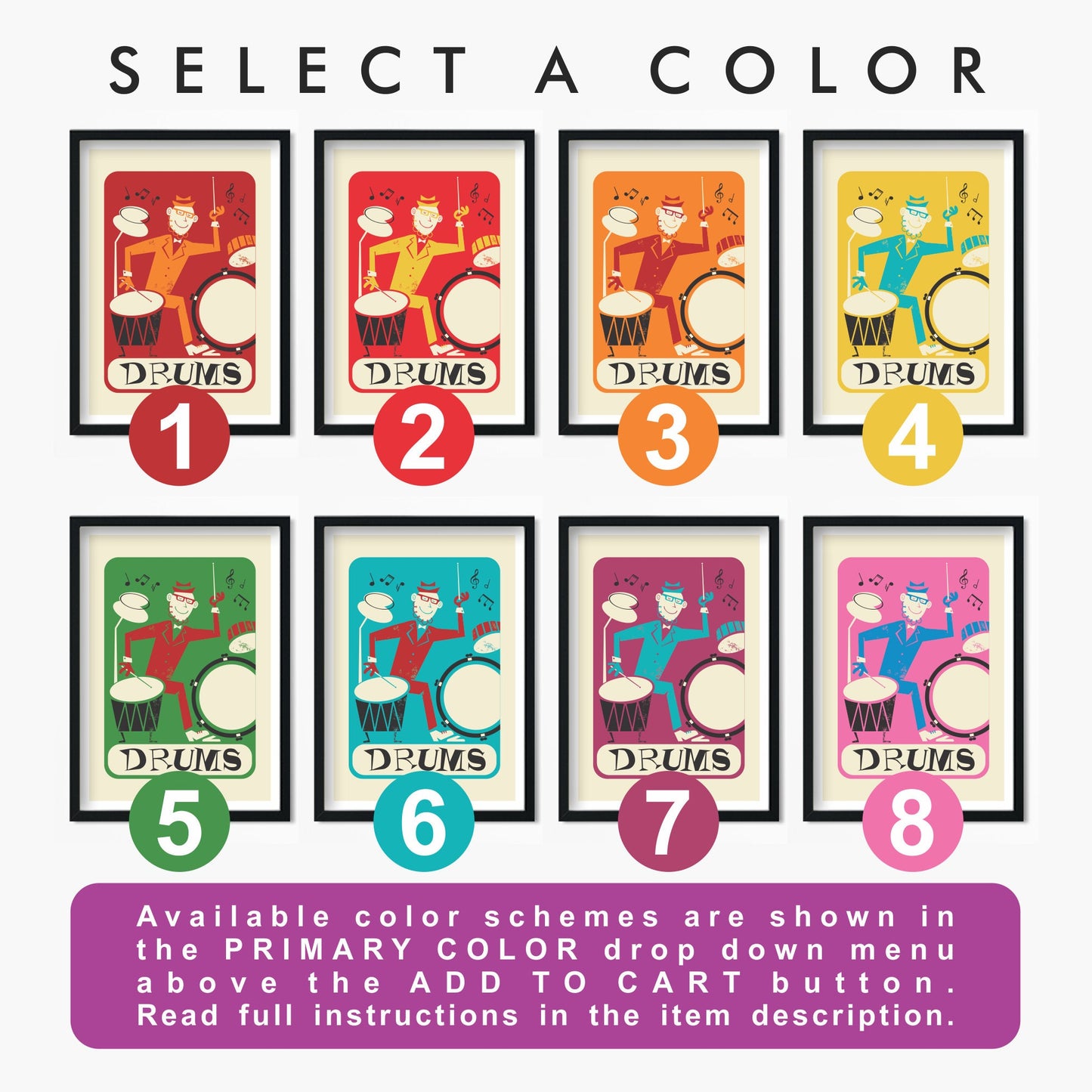 Set of 3 Music Posters, Retro Style Prints, Drums Piano Saxophone, Living Room Wall Decor