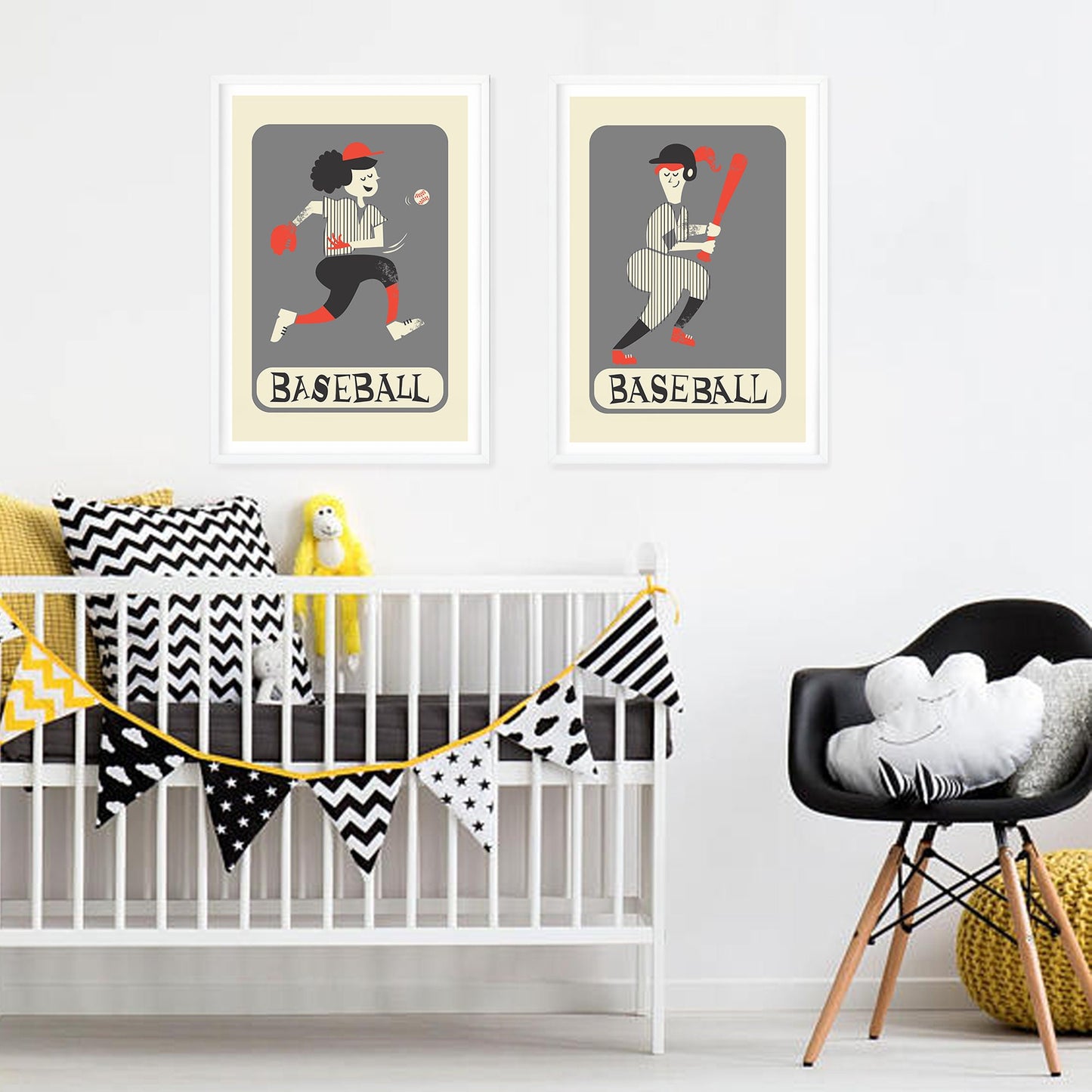 Set Of Two Baseball Players, Mid 50s Classic Posters, Pitcher Batter Girls, Christmas Gift Art