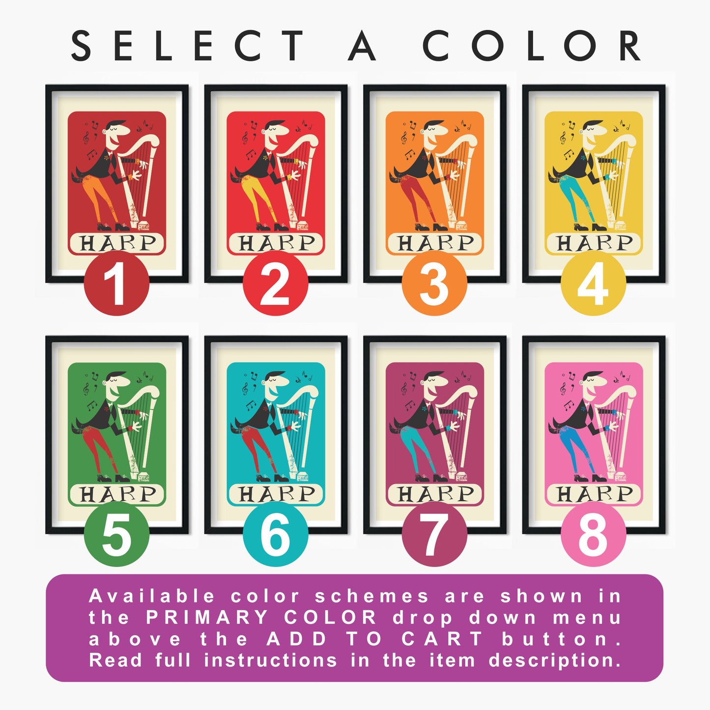 Set of Two Harp Prints, Fun Colorful Kids Bedroom Decor, Add Your Favourite Names, Music Student Gift