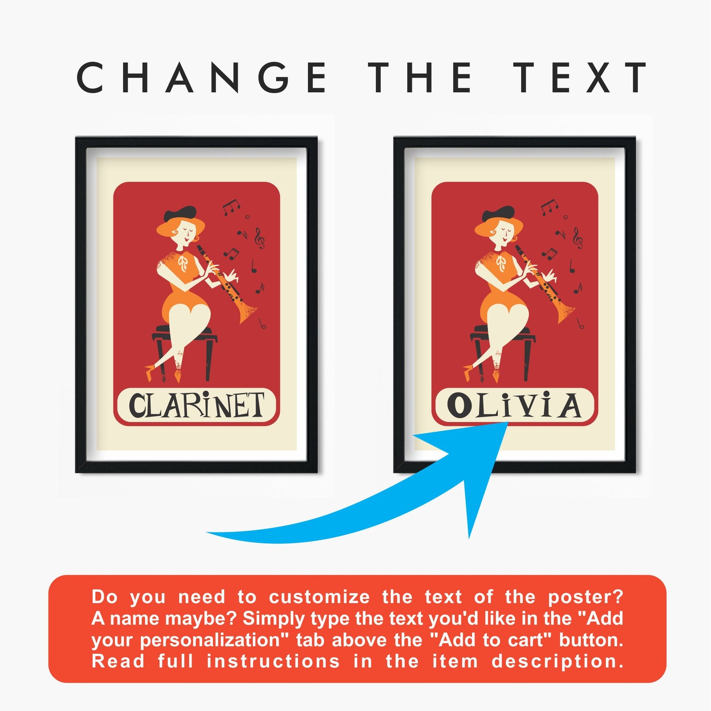 Clarinet Music Set of 2 Posters, Gift Music Teacher, Free Customization, Clarinetist Drawing