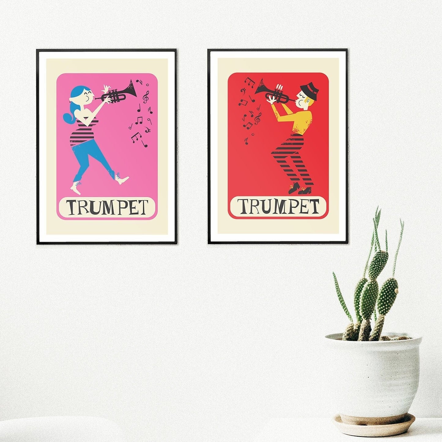 Music Gift Set of Two Prints, Trumpet Players Posters, Pick Your Color And Names