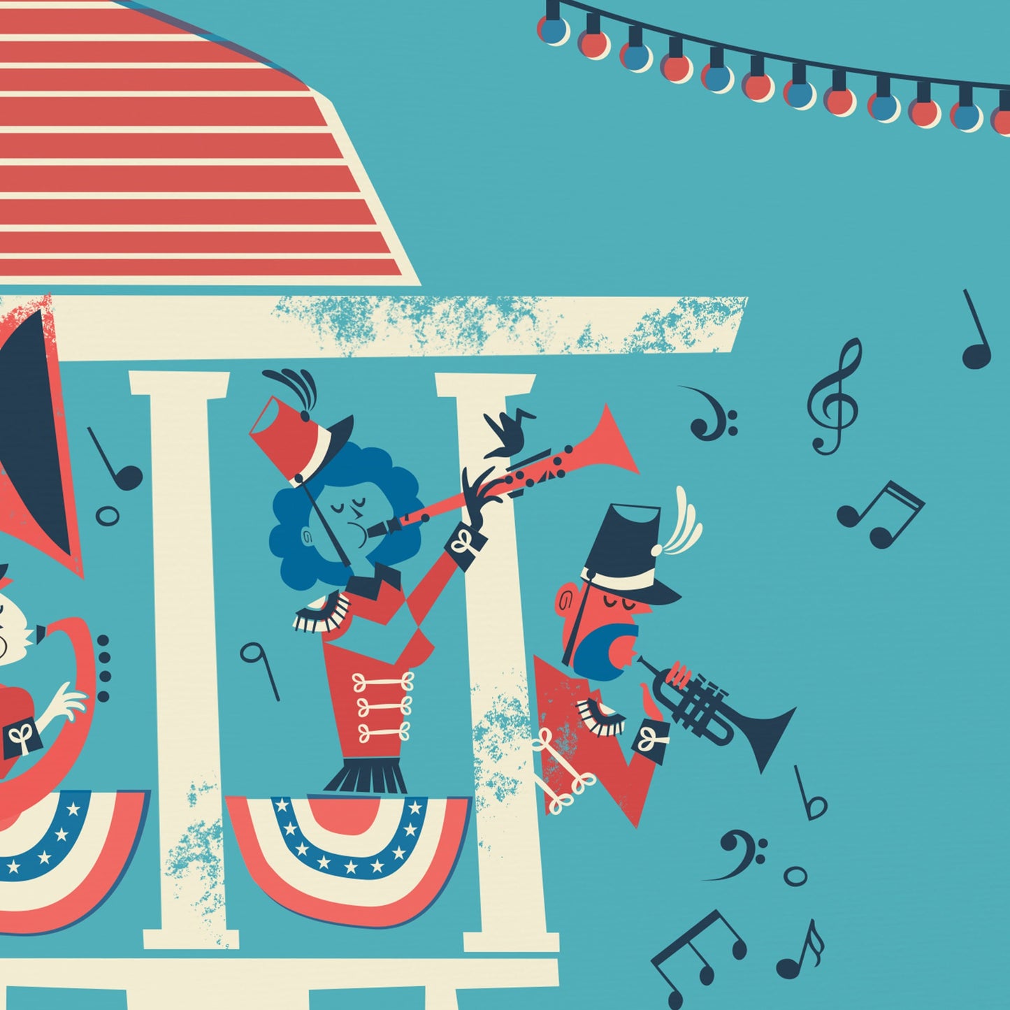 Park Bandstand Vintage Illustration, Gallery Wall Blue Red, School Band