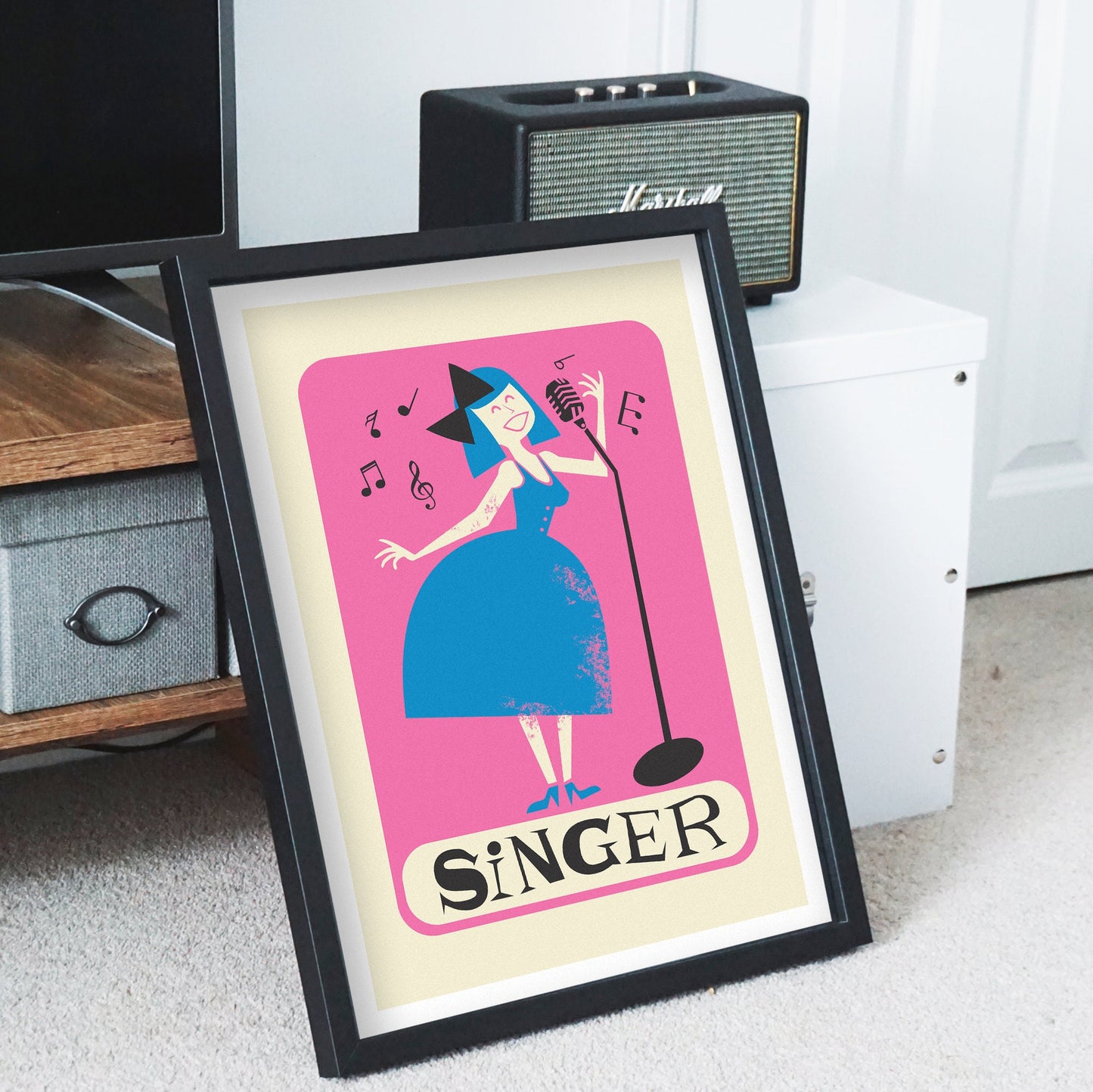 Girl Singing Poster, Mid Century Modern, Personalized Gift for Musician, Retro Microphone