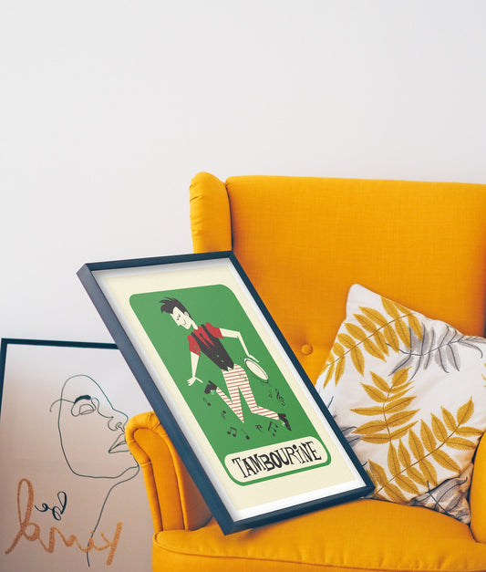 Tambourine Artwork Boy Jumping, Mid Century Print Poster Instrument