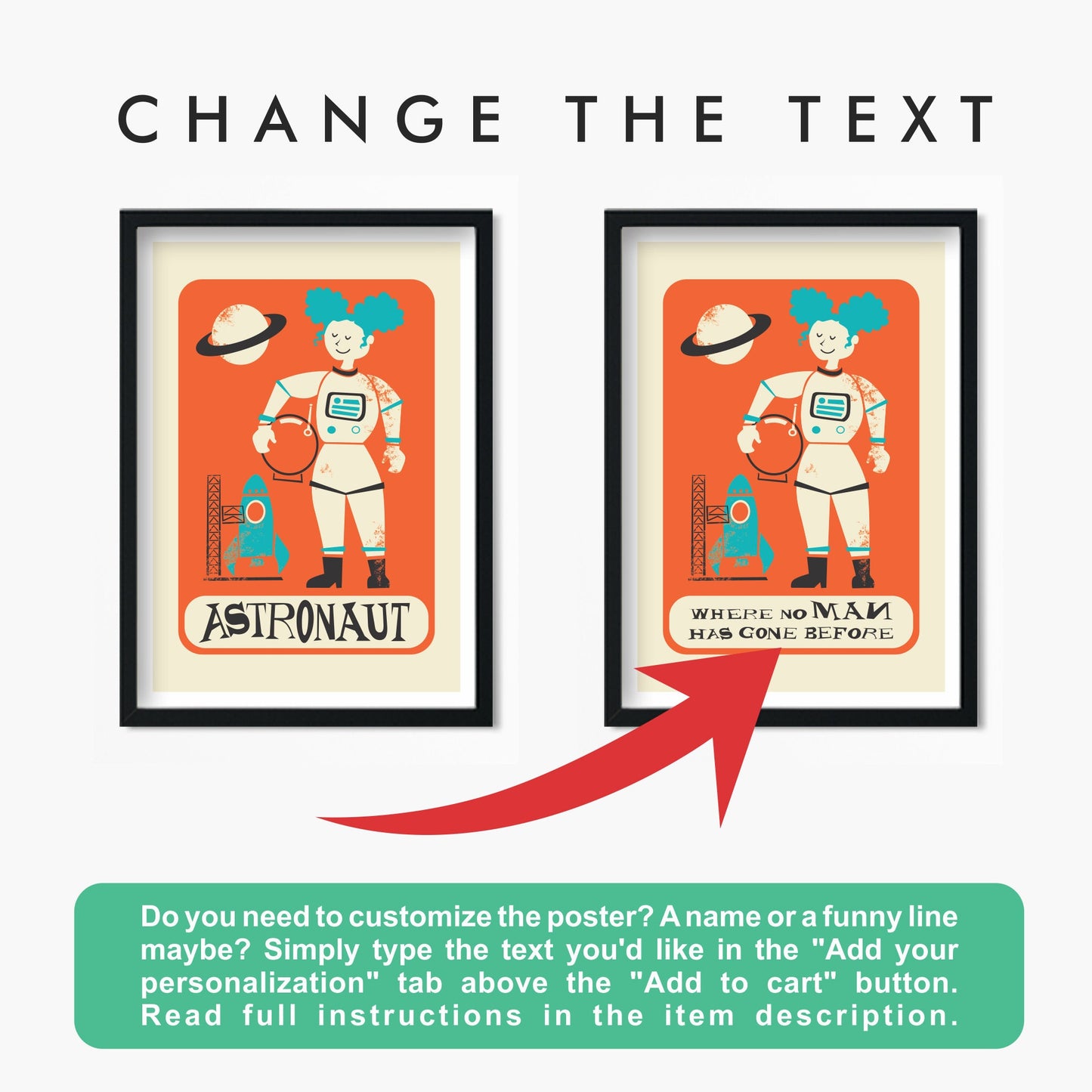 Astronaut Decor Poster, Fun Birthday Gift For Girls, Name of Your Choice, Mid 50s Print