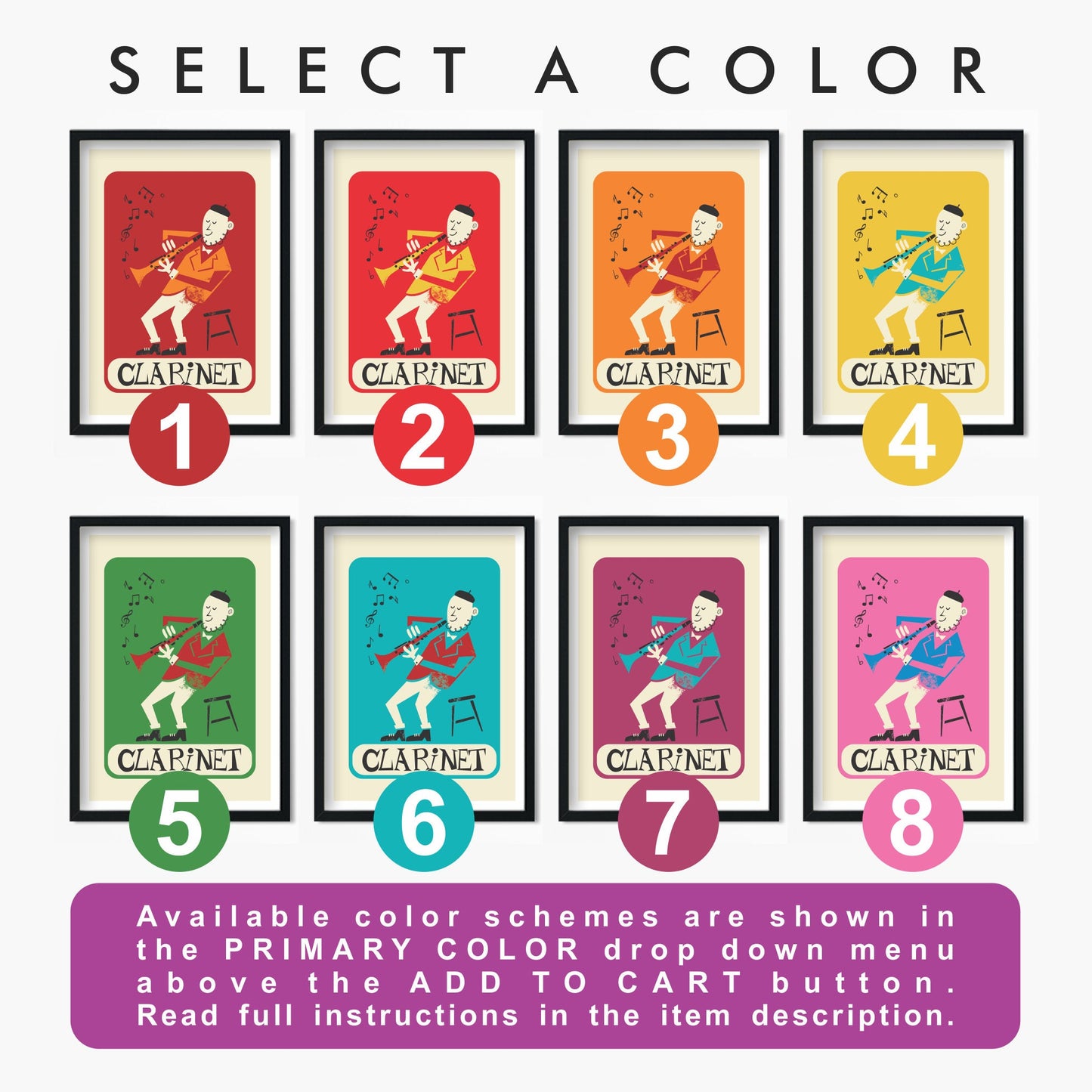 Clarinetist Poster, Clarinet Mid 50s Illustration Print, Personalize & Pick Your Color