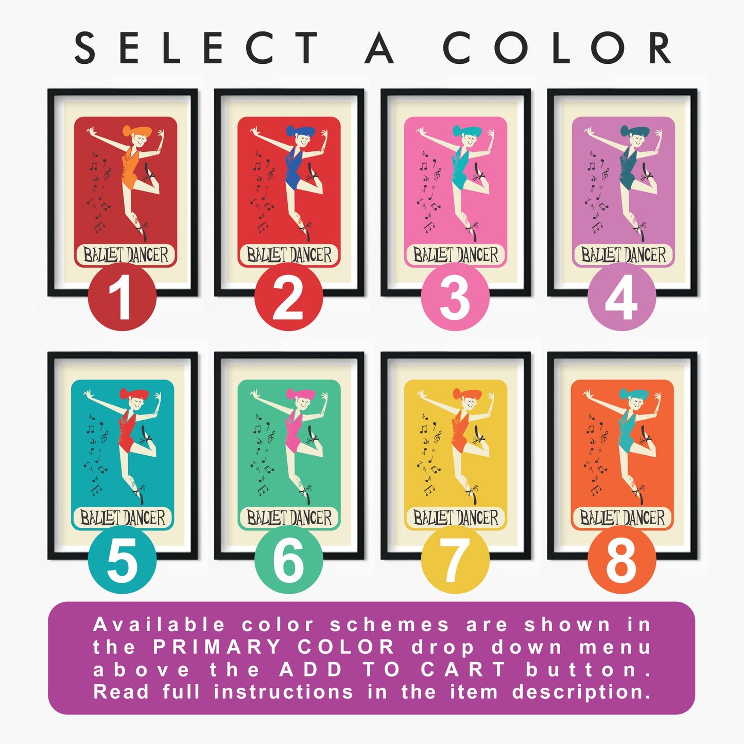 Ballet Dancer Birthday Gift Print, Personalised Ballerina Mid Century Poster, Dance Shoes