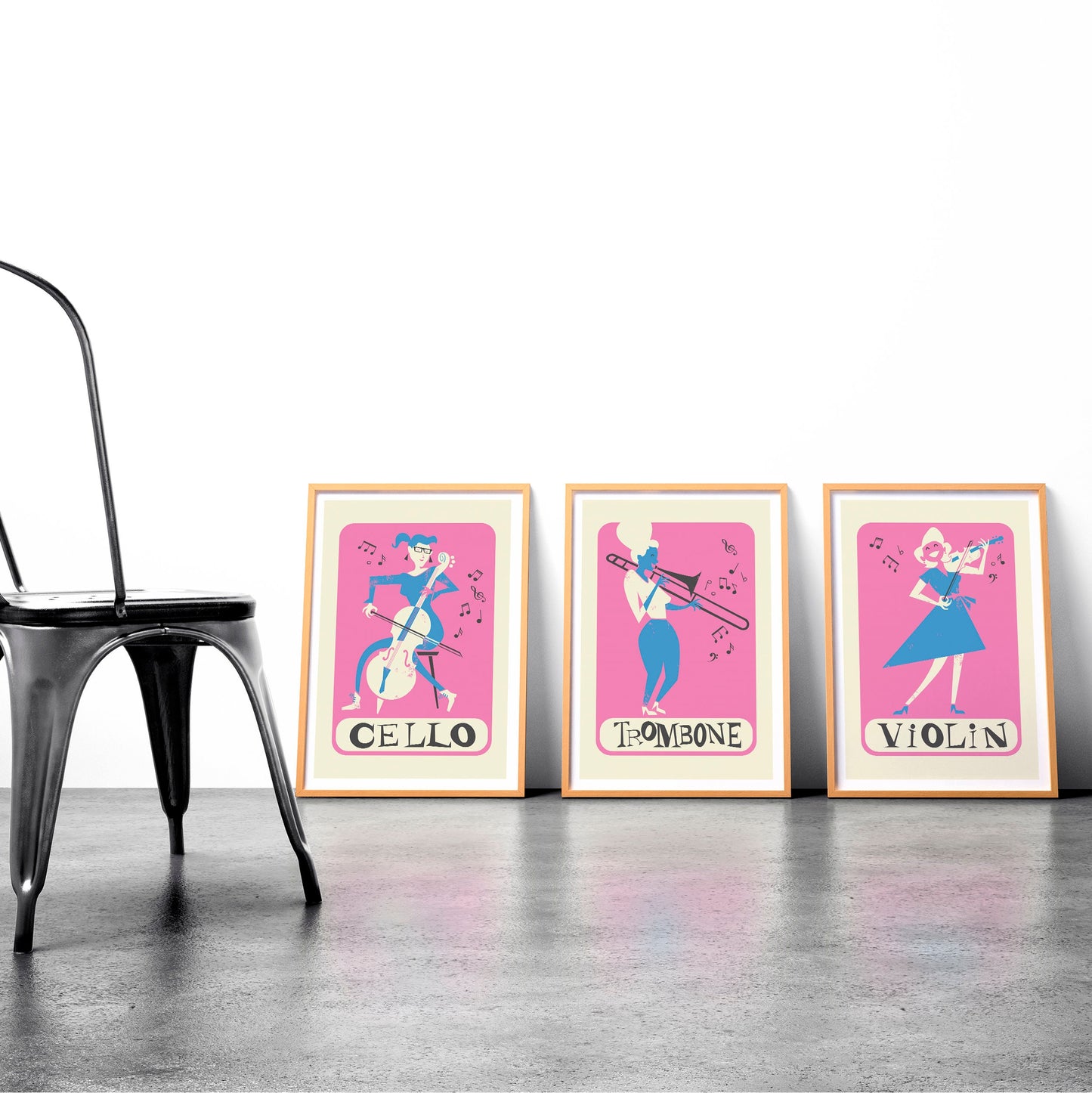 Set of 3 Music Prints, Classic Instruments, Cello Trombone Violin, Posters Retro Style, Christmas Gift