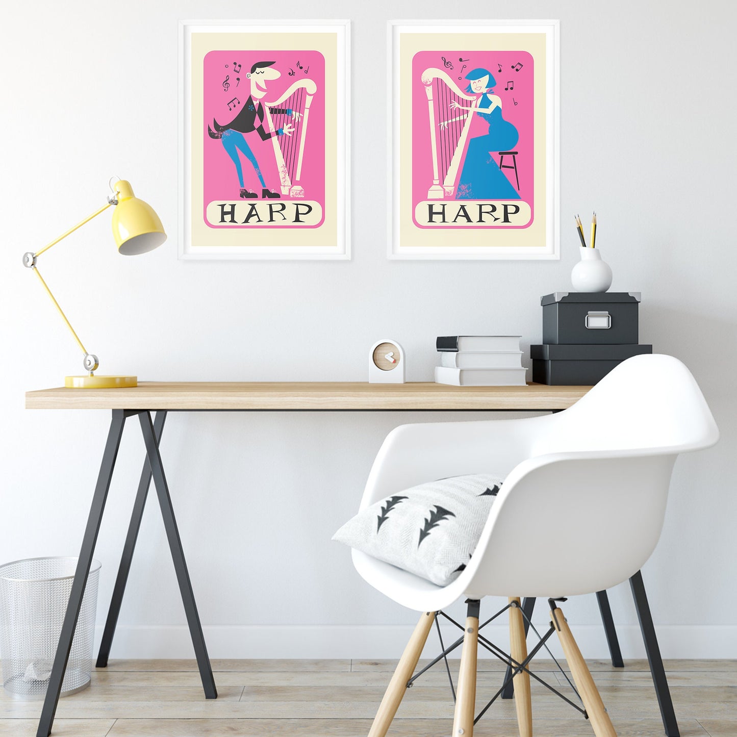Set of Two Harp Prints, Fun Colorful Kids Bedroom Decor, Add Your Favourite Names, Music Student Gift
