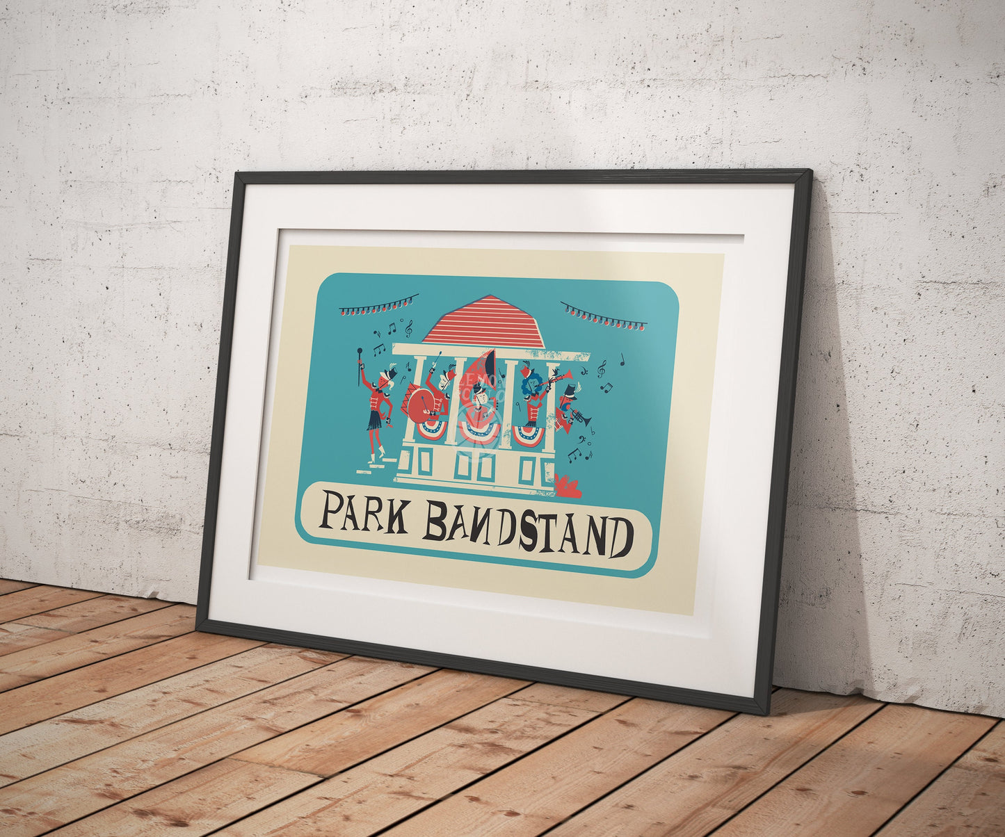 Park Bandstand Vintage Illustration, Gallery Wall Blue Red, School Band