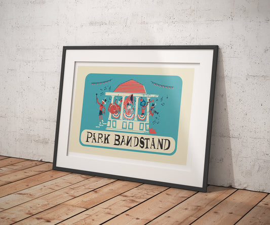 Park Bandstand Vintage Illustration, Gallery Wall Blue Red, School Band