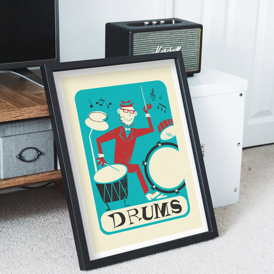 Drums Art Poster, Funny Vintage Retro Band Drummer