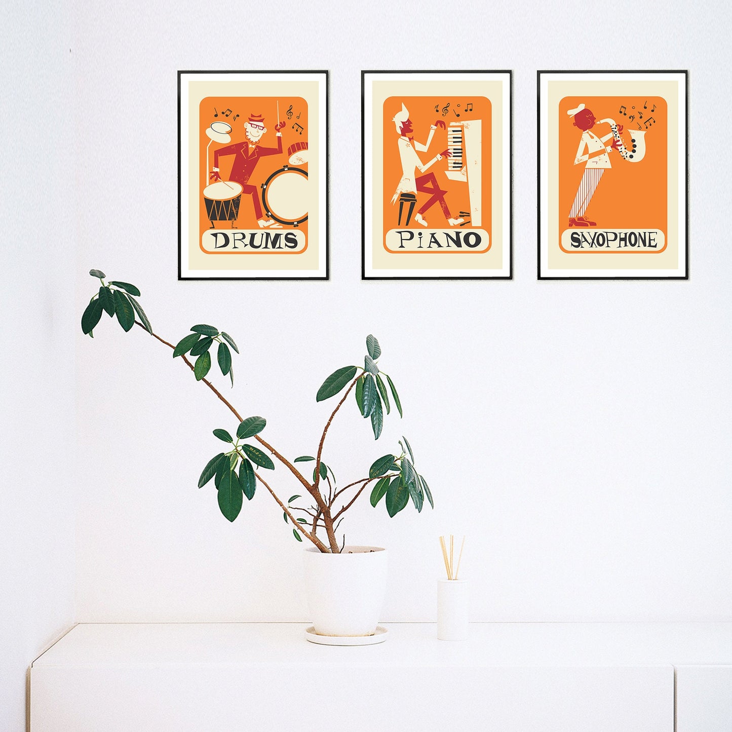 Set of 3 Music Posters, Retro Style Prints, Drums Piano Saxophone, Living Room Wall Decor