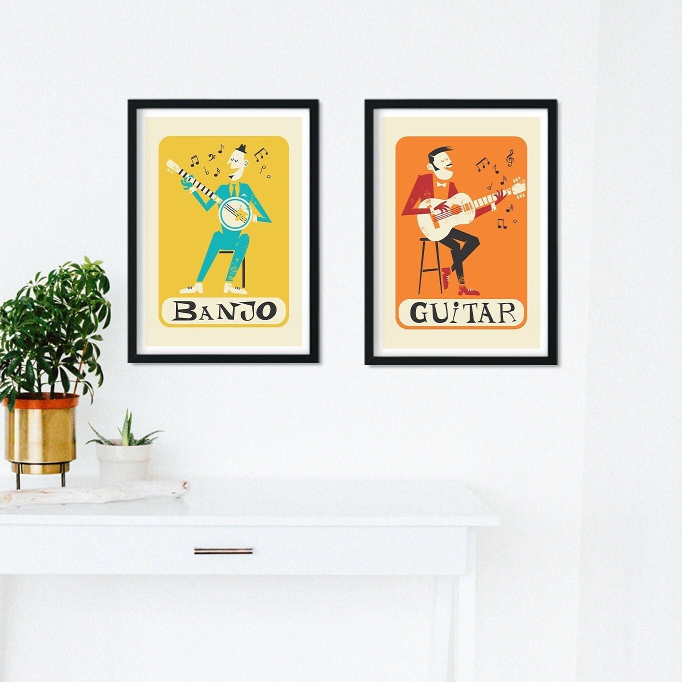 Set of Two Music Posters, Guitar and Banjo Prints, Mid 50s Artwork, Gift for Brother Sister, Decor Pop Art