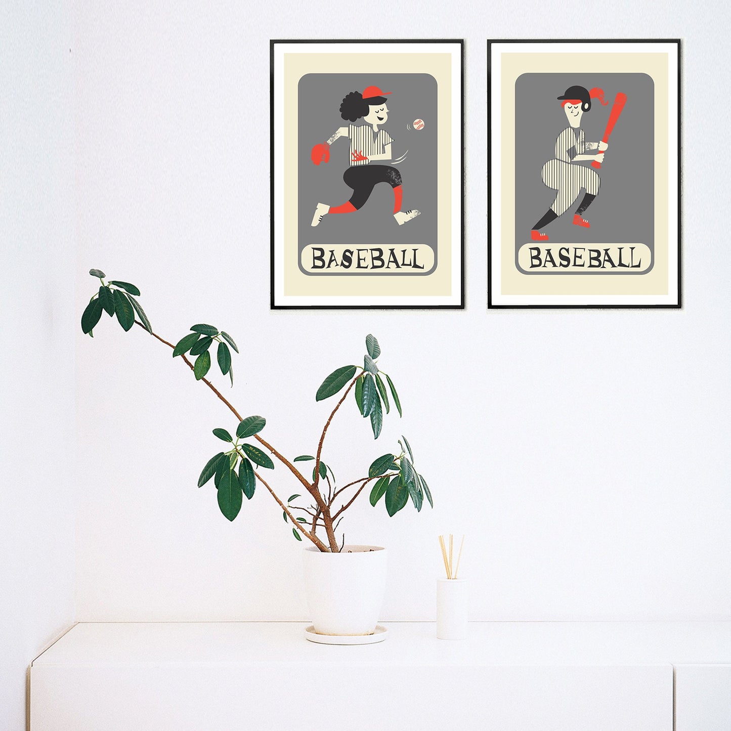Set Of Two Baseball Players, Mid 50s Classic Posters, Pitcher Batter Girls, Christmas Gift Art