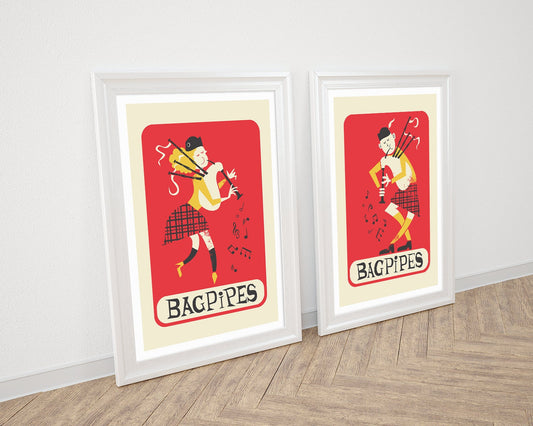 Bagpipes Posters, Music Set of 2 Prints, Scottish Heritage Music Gift