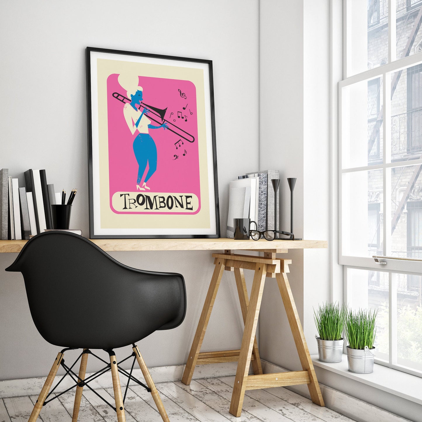 Trombone Poster, Mid Century Modern, Brass Instrument, Hot Pink Room Decor